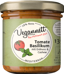 Tomato basil organic spread, savory spread with tomato, basil, and cashew, 135g and 270g variants available.