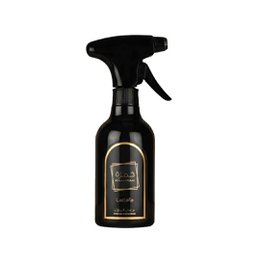  Black glass spray bottle, gold accents, elegant luxury room fragrance, 450ml atomizer, premium home scent.