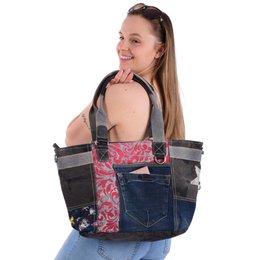 Damska torebka Sunsa. Torba na ramię wykonana z dżinsów, płótna i skóry z recyklingu. Torba w stylu retro vintage. Duża damska torba typu shopper w patchworkowym stylu