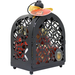  Black metal lantern with rose-patterned glass panels, containing a rose-scented candle and other rose-themed items.
