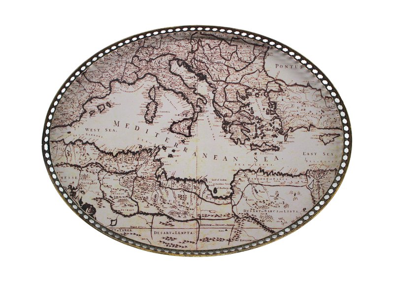 Signature tray oval antique world map edge grid gold