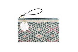 Serrine Embroidered Pouch, a stylish clutch featuring a vibrant geometric pattern in shades of green, pink, and white. The pouch has a zipper closure and a wrist strap for easy carrying.
