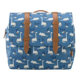 A blue backpack with a dinosaur print pattern, featuring a rectangular shape, two adjustable shoulder straps, and leather-like accents.