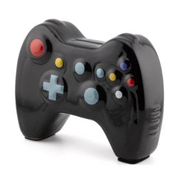 Black game controller shaped piggy bank with colorful buttons and D-pad, gaming savings box