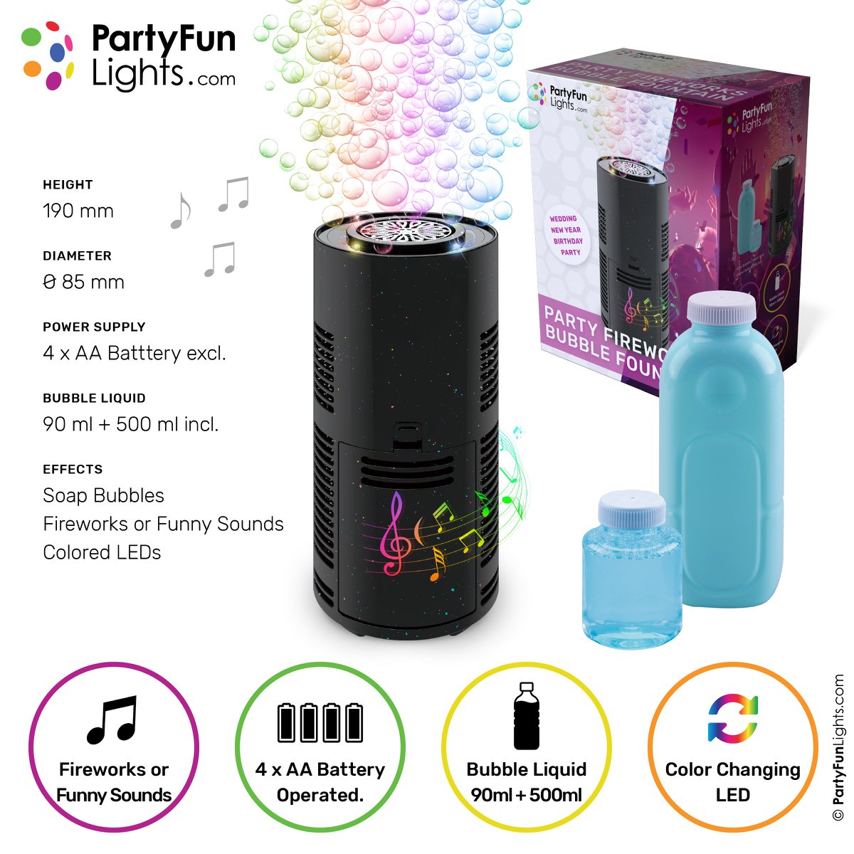 Bubble Blowing Machine - Bubble Bladder Gun - con luz y efectos de sonido para todas las edades - Negro - Handy, funciona en baterías - Juguetes al aire libre