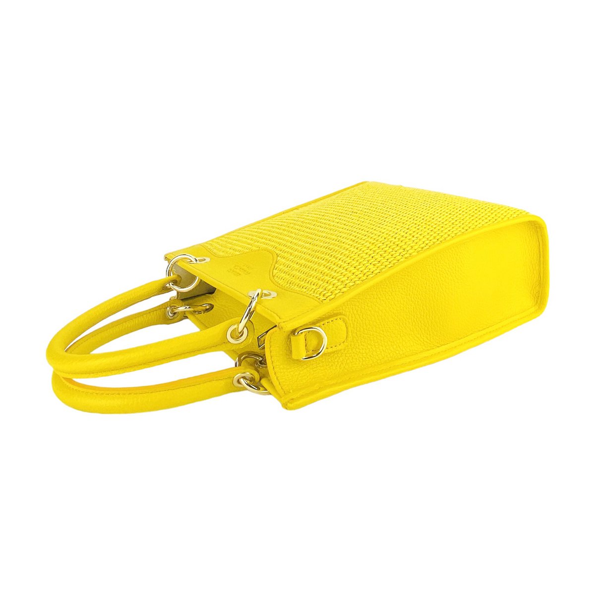 RB1026R | Verticale dameshandtas van echt leer en stro, gemaakt in Italië. Afneembare en verstelbare lederen schouderband. Accessoires van gepolijst goud - gele kleur - afmetingen: 24 x 29 x 9 cm
