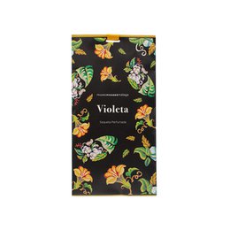 Black scented sachet with colorful floral botanical pattern, yellow and green flowers, Violeta fragrance, decorative home fragrance.