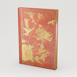 Orange red hardcover journal with gold fairy and floral design, decorative bookbound notebook