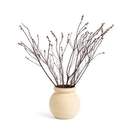 Tall, cylindrical ceramic vase in black color, filled with natural dried branches.