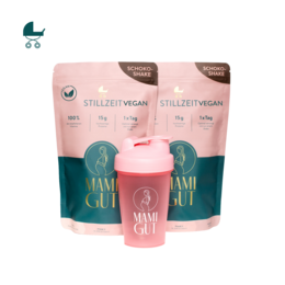 Vegan breastfeeding supplement package with shaker. Contains essential vitamins and minerals to support lactation. Includes 30-day supply of capsules and a pink shaker bottle.
