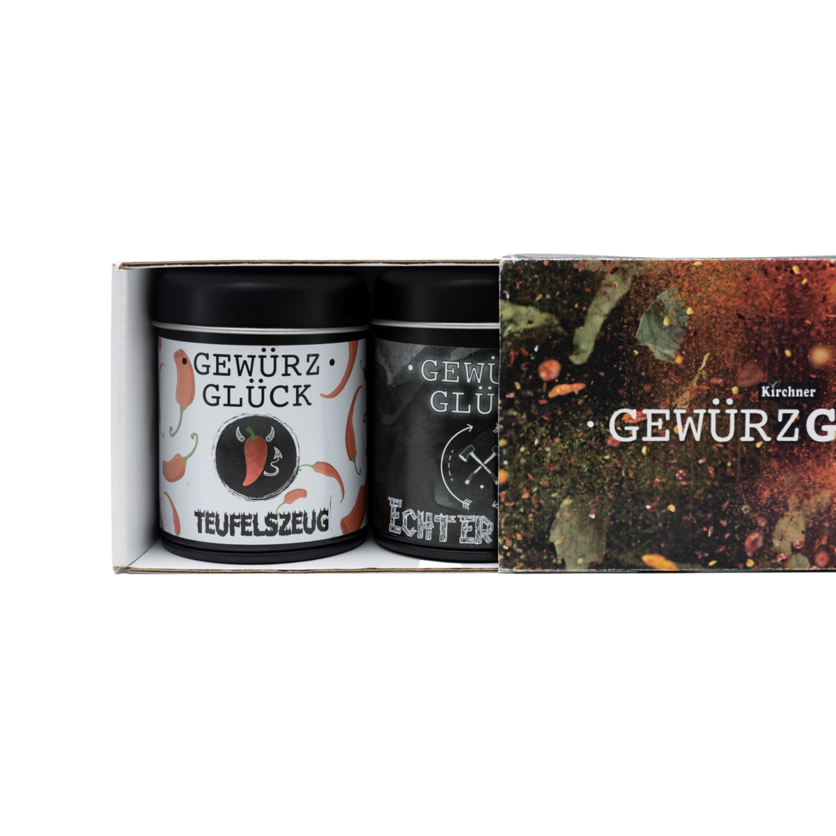 Gewürz-Glück Real Guys Gift Box - Set of 4 Spice Jars with Real Guy Steak Spice, Everyday Hero All-Round Spice, Great Tuber Potato Spice & Devil's Stuff Chili Spice