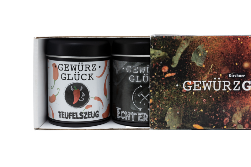 Gewürz-Glück Real Guys Gift Box - Set of 4 Spice Jars with Real Guy Steak Spice, Everyday Hero All-Round Spice, Great Tuber Potato Spice & Devil's Stuff Chili Spice