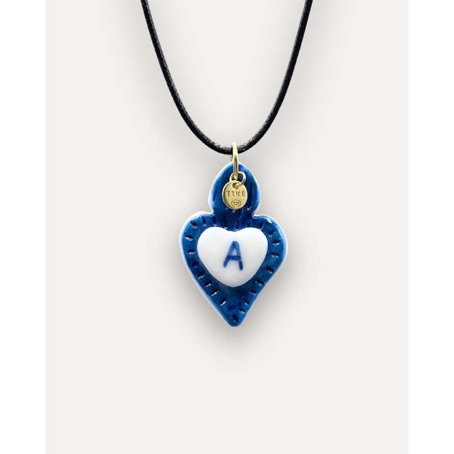 Breloques - Pendentif Coeur Bleu en Porcelaine - Lettre A