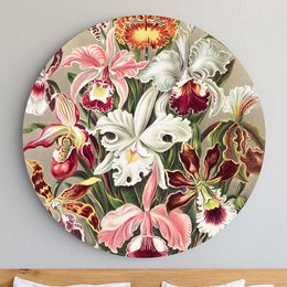 Vibrant floral wall art featuring a variety of colorful orchids and other tropical flowers in a round design.