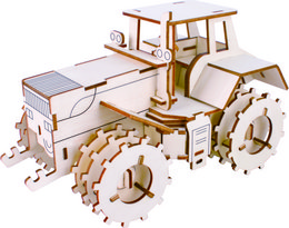 Wooden construction kit tractor with detailed parts and components. Includes wooden pieces in various shapes and sizes, gears, and other mechanical elements. Suitable for DIY and craft projects.
