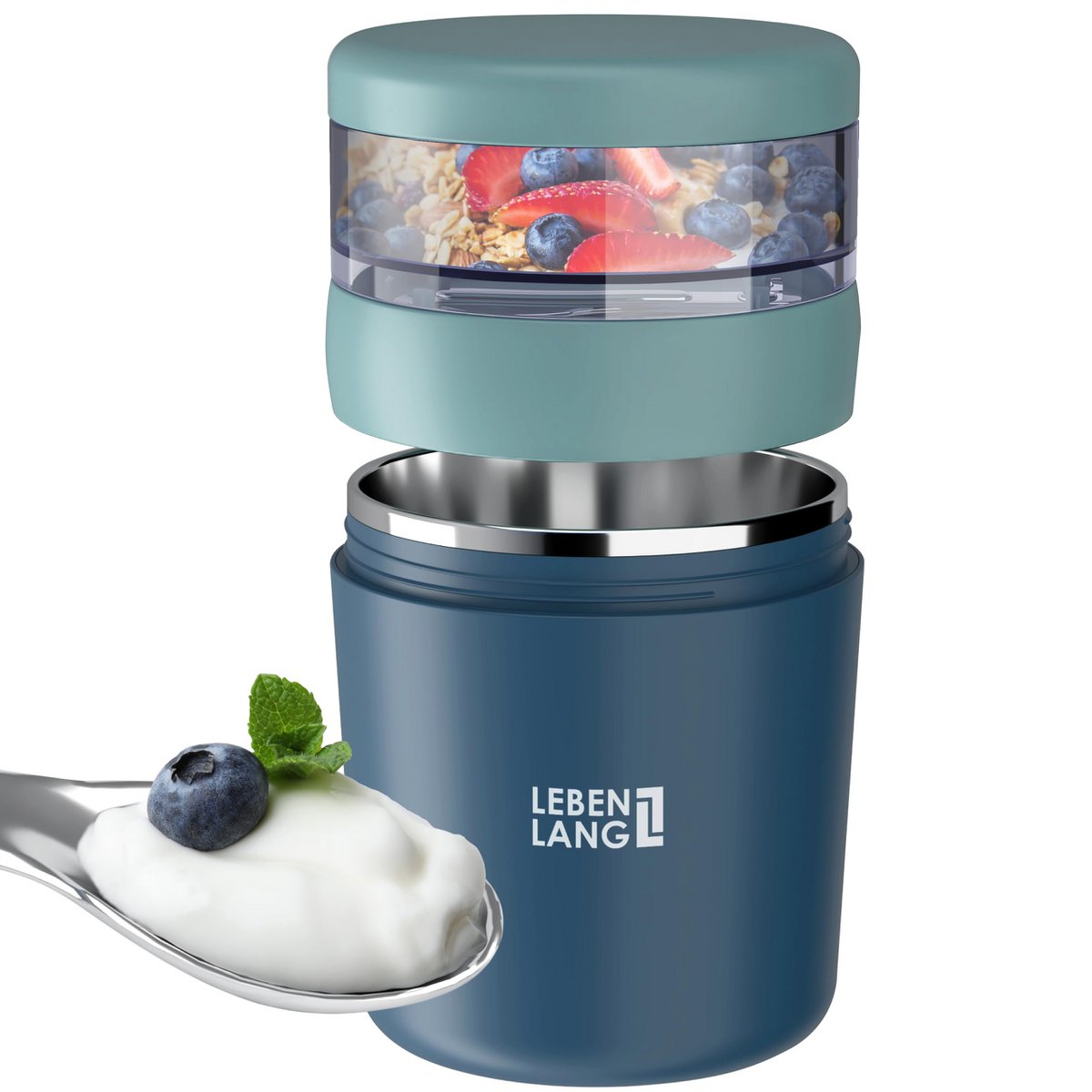 Taza de cereales para llevar de por vida con cuchara - pared interior aislante de acero inoxidable y 650 ml I taza de yogur para llevar taza de cereales taza de cereales para llevar taza para gachas yogur yogur niños y adultos en movimiento