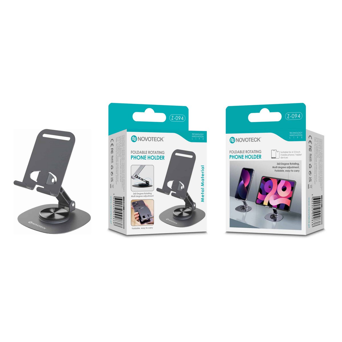 NOVOTECK Z-094 Soporte Giratorio Plegable para Teléfono - Base Metálica con Ángulo Ajustable de 360° para Smartphones y Tabletas