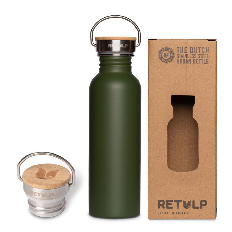 RVS drinkfles lekvrij bamboe dop Green 750 ml