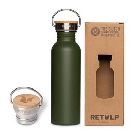 Stainless steel drinking bottle with leak-proof bamboo cap in green color, 750 ml capacity, suitable for travel.