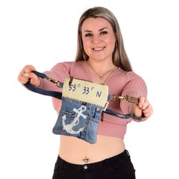 Sunsa Damen Umhängetasche. Schultertasche aus Upcycling Jeans und Canvas (Segeltuch). Handtasche Vintage Retro-Stil. Crossbody Tasche für Frauen mit Anker Maritimmotiv