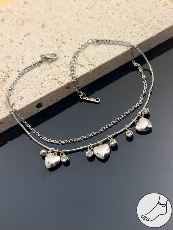 Cadena de tobillo de doble tobillo - acero inoxidable y diamantes de imitación