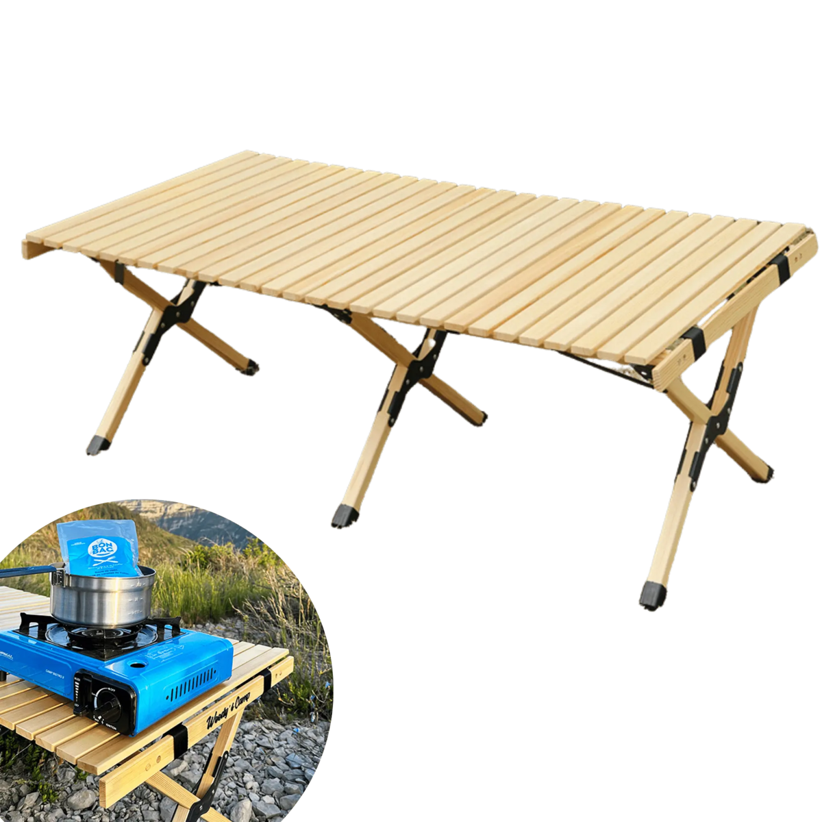 Opvouwbare houten tafel voor op de camping