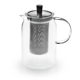 A clear glass teapot with a black lid and metal infuser. The teapot has a sleek, modern design and is suitable for brewing loose leaf tea.