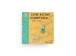 A children's book with a bright yellow cover featuring a cartoon illustration of a small scorpion character. The title "Lieve kleine schorpioen" is prominently displayed in large text.