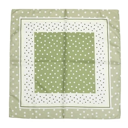 Green polka dot scarf, white dotted pattern, square fabric accessory.
