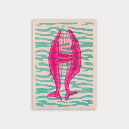  "Postcard with a vibrant pink whale design against a teal and white striped background. The whale has a unique, abstract pattern and appears to be swimming or floating in the water."