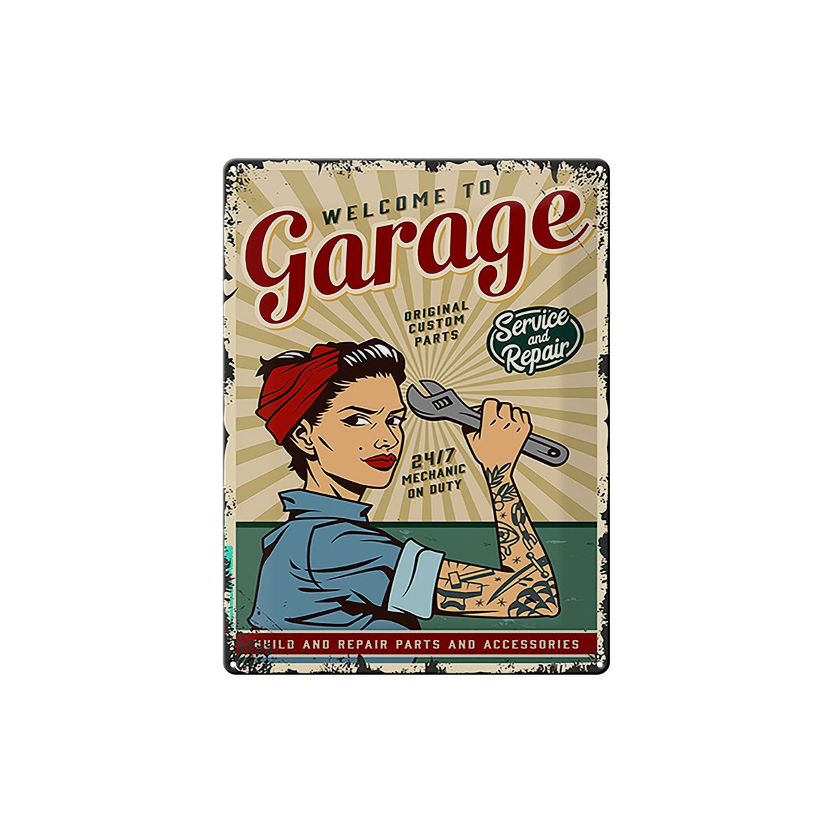 Blechschild Retro 30x40cm Pinup welcome Garage service 24/7