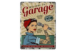 Blechschild Retro 30x40cm Pinup welcome Garage service 24/7
