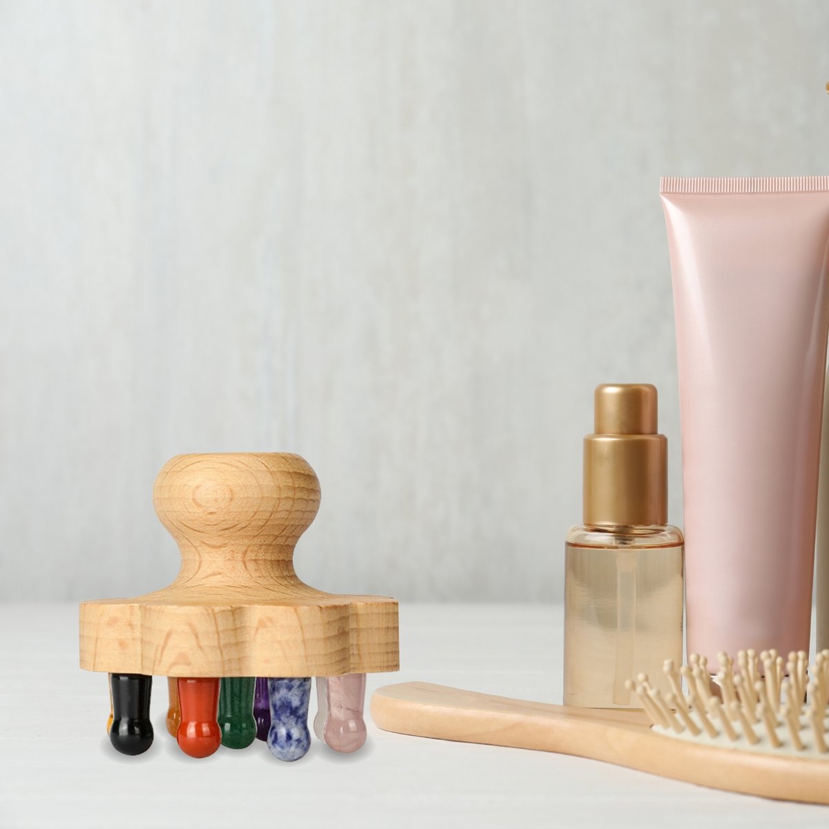 Flower Scalp Brush in FSC Beech Wood - 9 Natural Stone Massage Points - Stimulates Blood Circulation - Revitalizes Scalp - Natural Lithotherapy Hair Care