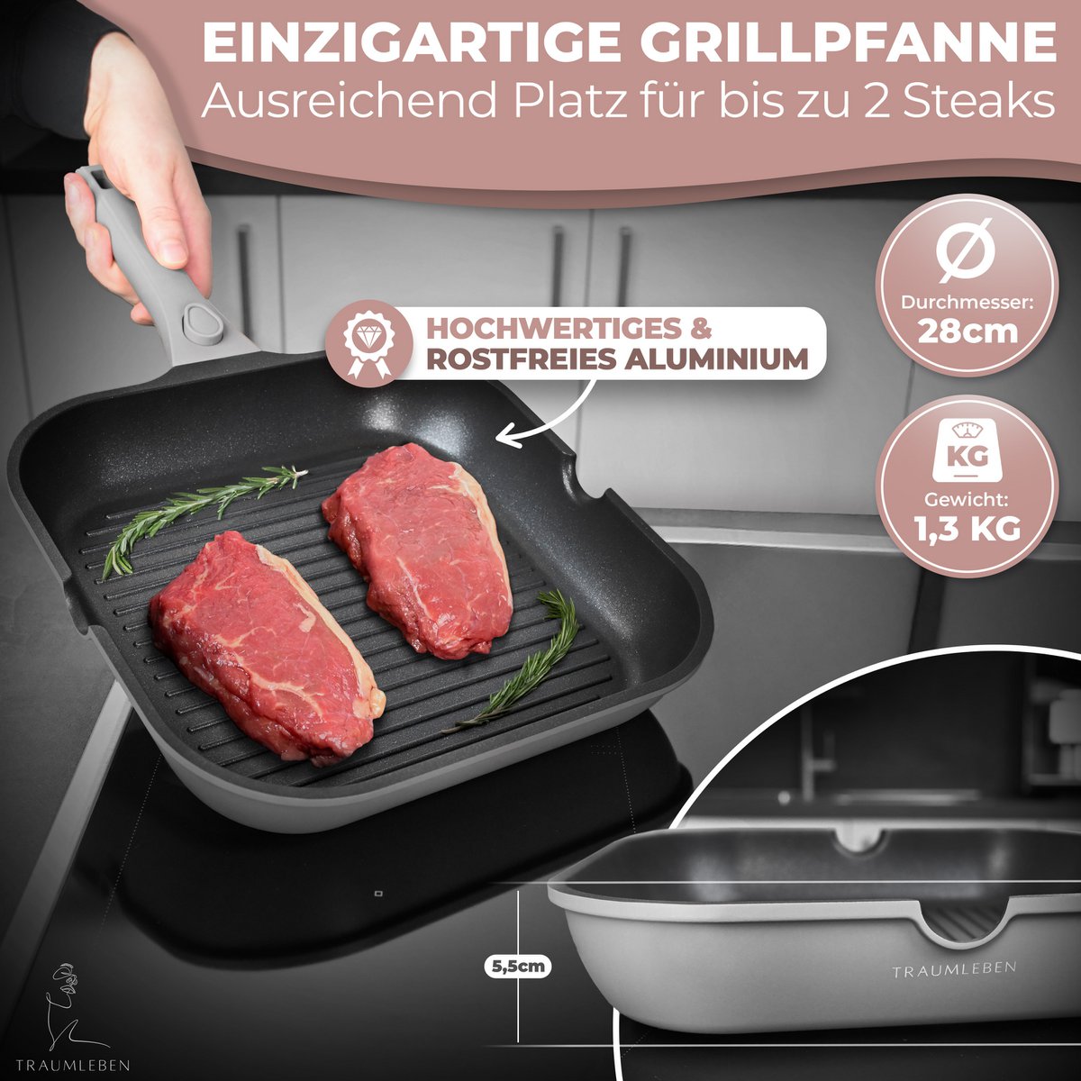 Grill Pan 28 cm, ikke -stick coating, aftagelige håndtag, induktion, ovnfestival (grå)