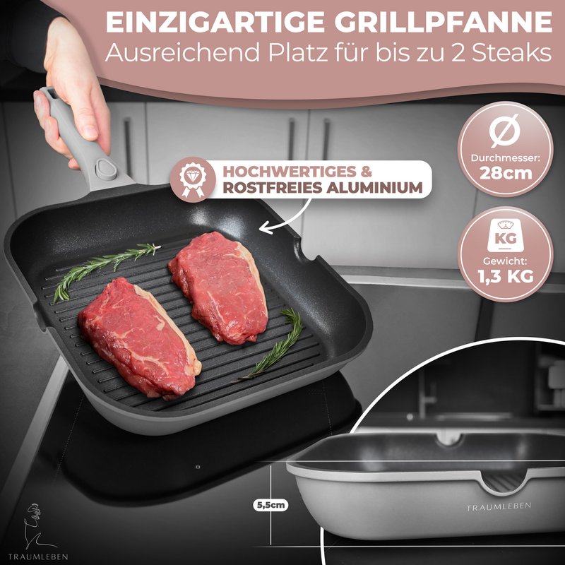 Grill Pan 28 cm, ikke -stick coating, aftagelige håndtag, induktion, ovnfestival (grå)