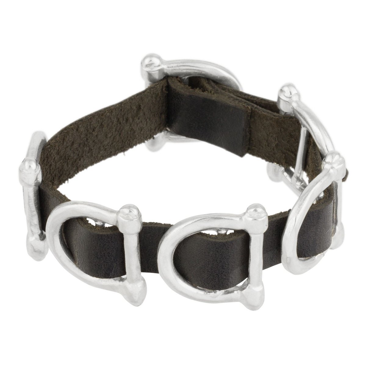 Black and silver leather bracelet with central buckle