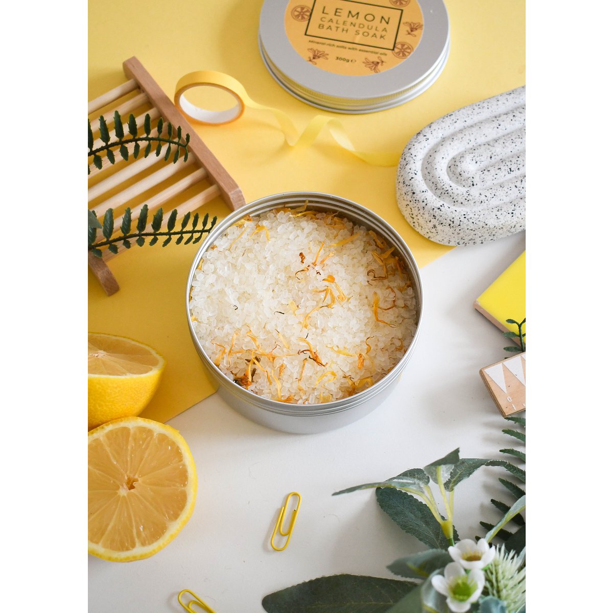 Zitronen-Calendula-Badebad | Natürliche mineralische Badesalzdose UK | 300g Dose