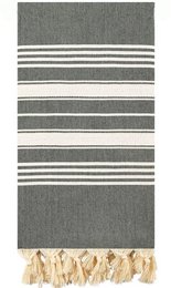 A gray and white striped beach towel made of 100% cotton with a Lava Stone design, measuring 170x100 cm.