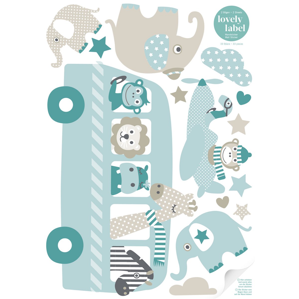 Stickers muraux "Tiere on Tour" taupe/menthe/pétrole