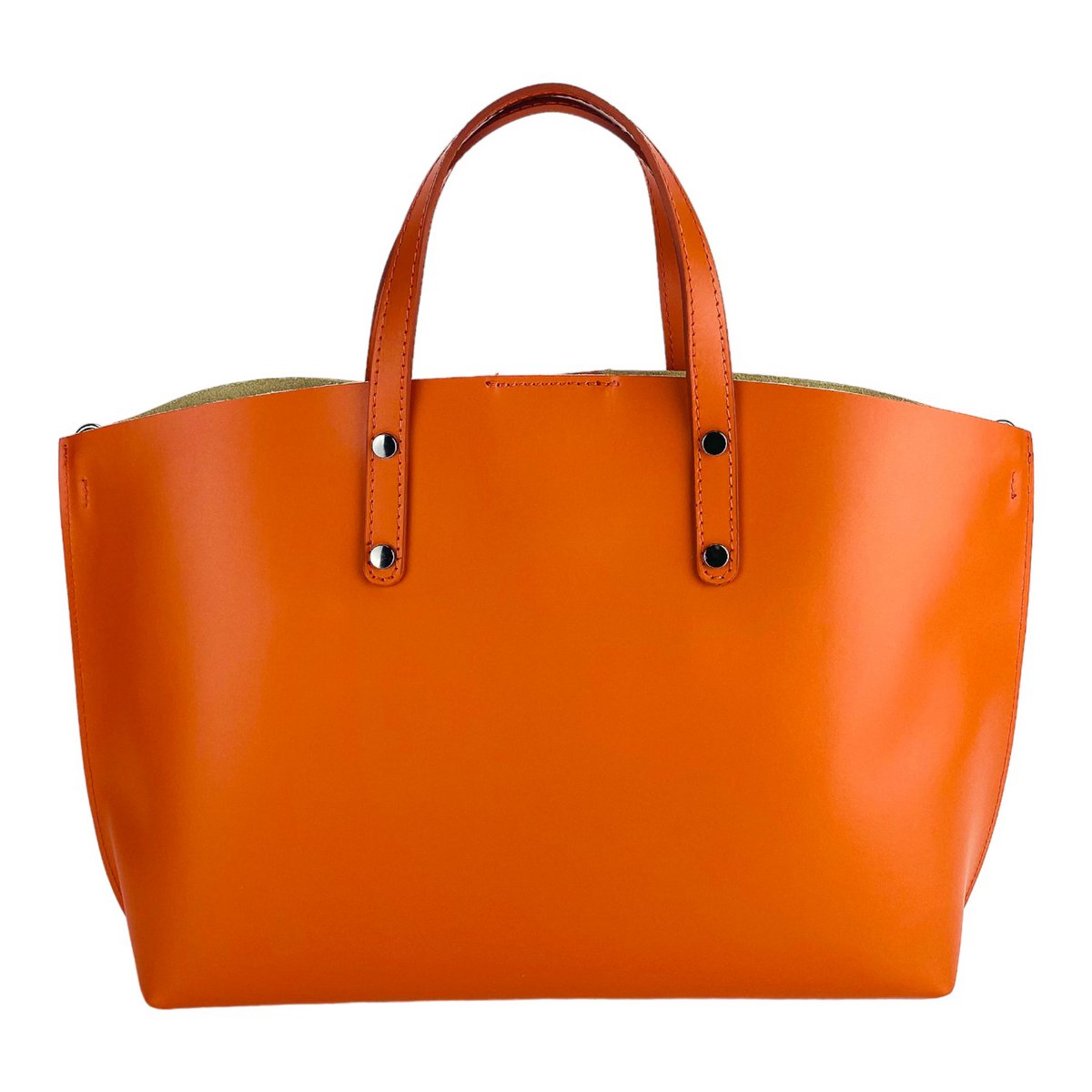 RB1024AM | Borsa Donna a Mano in Vera Pelle Made in Italy con tracolla removibile. Sacca grande interna estraibile. Accessori Canna di Fucile Lucido - Colore Paprika - Dimensioni: cm 48x31x11