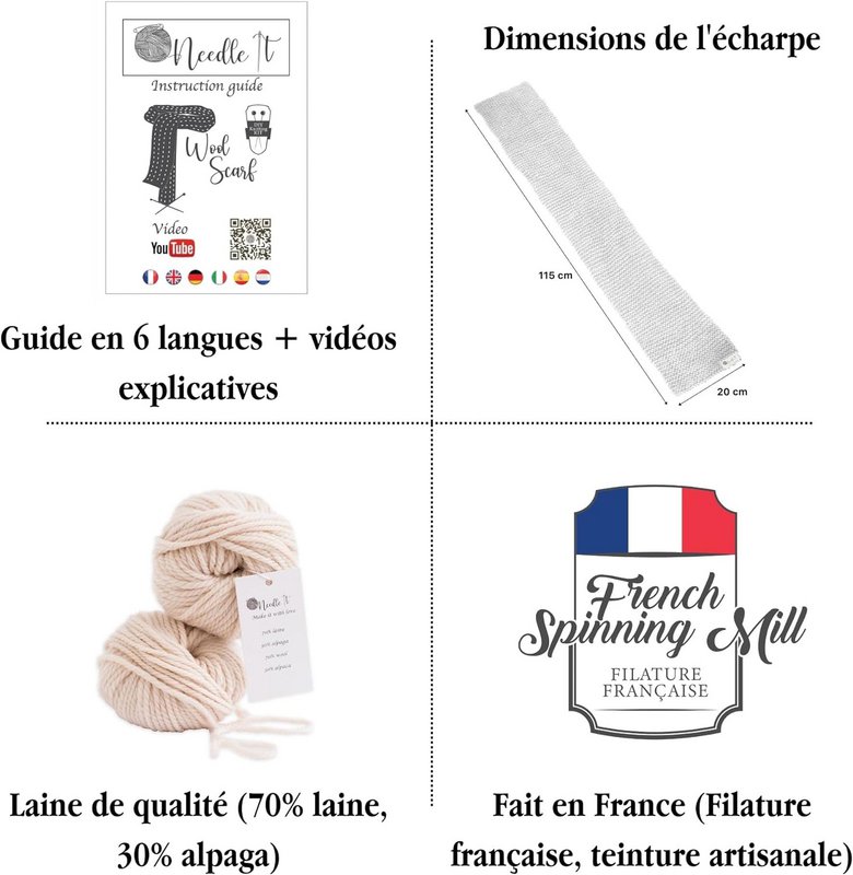 NEEDLE IT® Kit de Tejer para Adultos Principiantes Completo con Agujas de Tejer - Bufanda de Lana para Tejer DIY - Idea de Regalo (Crudo)