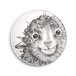 Decorative round magnet with an illustration of a whimsical, fluffy sheep-like creature with large eyes and a playful expression. The magnet has a black border and a white background, showcasing the detailed, hand-drawn style of the illustration.