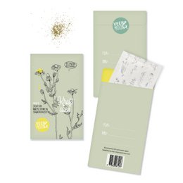 A green and white seed bag with the text "Sowing strength" printed on it. The bag contains various seed packets with illustrations of plants.