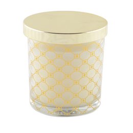A round, tall gold-colored candle with a lid, featuring a geometric pattern design. The candle is made of wax and is suitable for scented candle use.