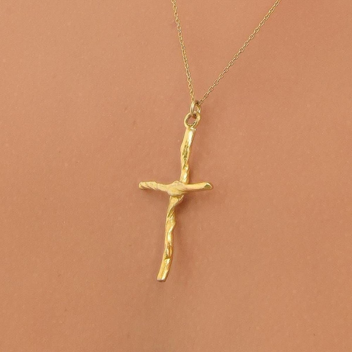 Gold Cross Necklace, Handmade Nature Jewelry, Organic Branch Pendant, Gift for Faith & Protection, Sterling Silver 925 Twig