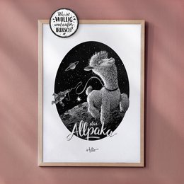 A black and white poster featuring an alpaca in a stylized, artistic design. The poster has a vintage, retro aesthetic with the text "The Allpaca" prominently displayed.