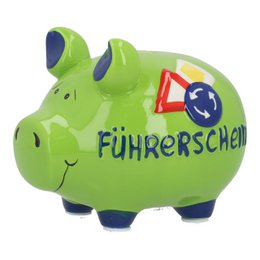 Green ceramic piggy bank with driving license text, blue accents, medium size savings pig.