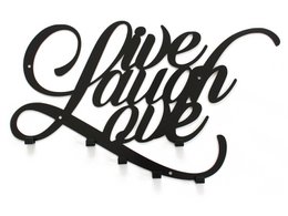  Black metal wall decor with the text "Live Laugh Love" in a decorative script font. The piece features a hanging hook for displaying in the home.