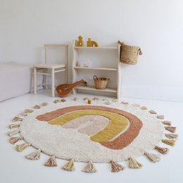 Rainbow washable cotton children's rug with RAINBOW TOFFEE pompoms