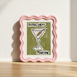 "Extra dirty martini poster with a green background and a pink frame. The poster features a martini glass icon and the text 'EXTRA DIRTY MARTINI'."
The image shows a poster for an "Extra Dirty Martini" product. The poster has a green background with a pink frame. The main design element is a martini glass icon, and the text "EXTRA DIRTY MARTINI" is prominently displayed. This poster would be suitable for an ecommerce store selling cocktail-related products or home decor.